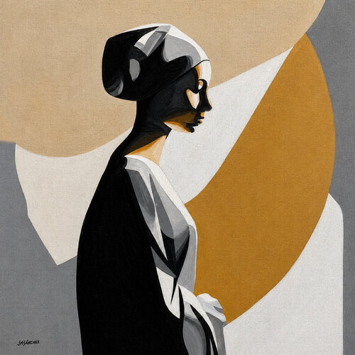 Retrato Semiabstracto en Geometría Contemporánea en Negro y Oro di JUAN MANUEL SANCHEZ RODRIGUEZ, Pittura in vendita su Singulart