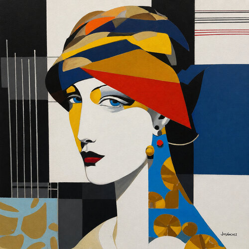 Retrato Semiabstracto Art Decó de Mujer con Turbante de Colores par JUAN MANUEL SANCHEZ RODRIGUEZ, Peinture en vente sur Singulart