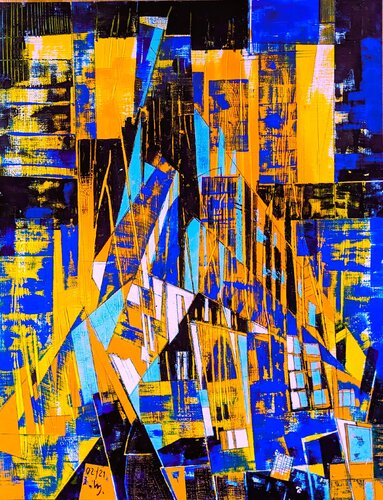 Architektur  Gelb - Blau - Türkis van Wolfgang Hey, Schilderij te koop op Singulart