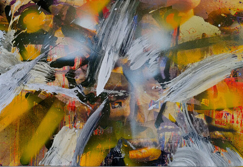 Collage gestisch übermalt - für Jim Morrison van Jürgen Wagner, Schilderij te koop op Singulart