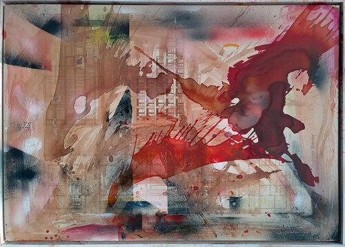 und wir bauen Häuser aus rosa Beton van Jürgen Wagner, Schilderij te koop op Singulart