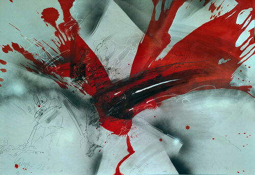 Haha in Rot 2 par Jürgen Wagner, Peinture en vente sur Singulart