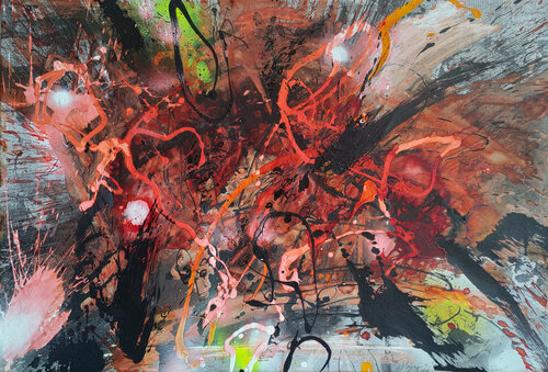 Collage gestisch übermalt - Wohin das Rot so führt von Jürgen Wagner, Malerei kaufen auf Singulart