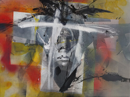 Collage gestisch übermalt - für Jean Michel Basquiat di Jürgen Wagner, Pittura in vendita su Singulart