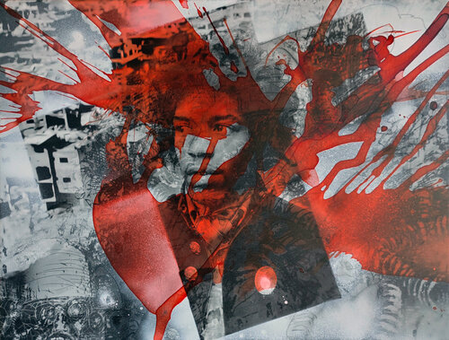 Collage gestisch übermalt - für Jimi Hendrix by Jürgen Wagner, Painting for Sale on Singulart