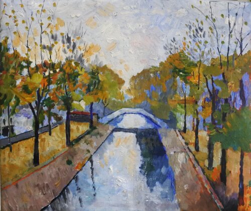 Canal St Martin, Autumn Light de Marcel Gatteaux, Pintura a la venta en Singulart