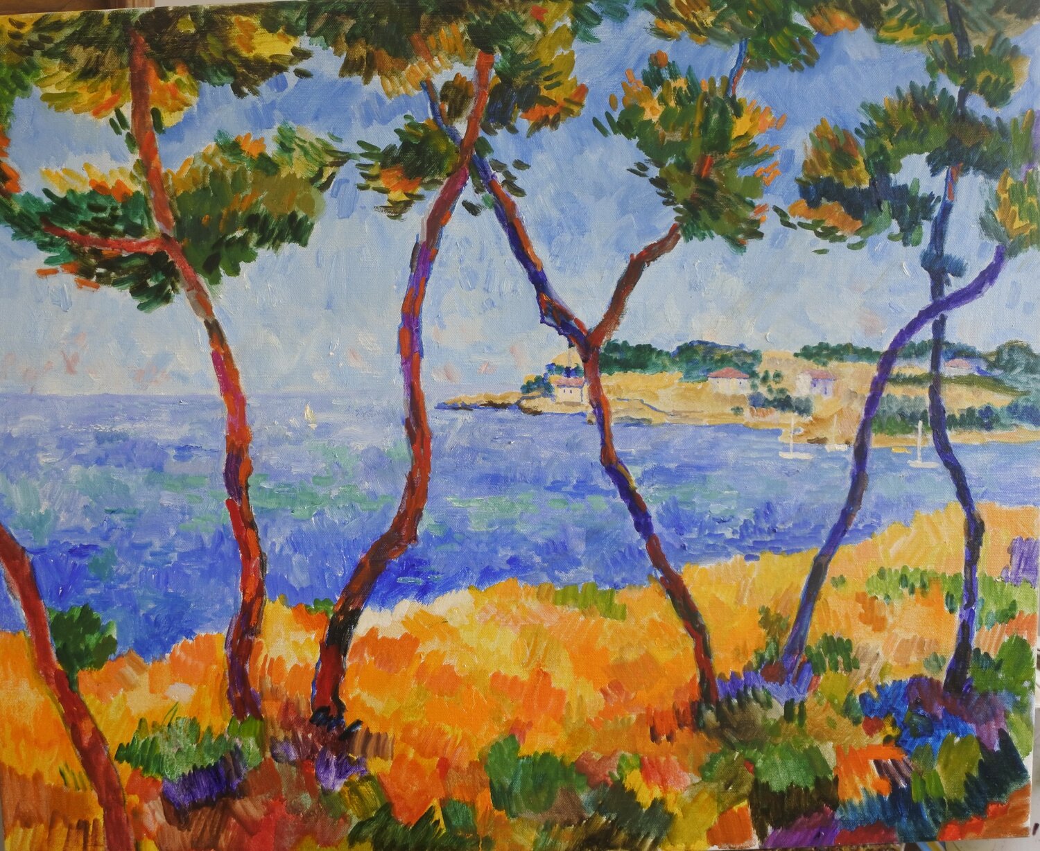 Trees and sea  Sausset Les Pins , Provence Marcel Gatteaux Originalgemälde zu verkaufen
