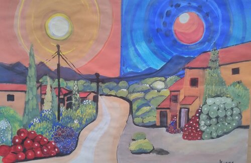 El Camino entre el sol y la luna van Ana Bravo, Schilderij te koop op Singulart