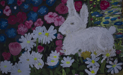 EL CONEJO ENTRE FLORES van Ana Bravo, Schilderij te koop op Singulart