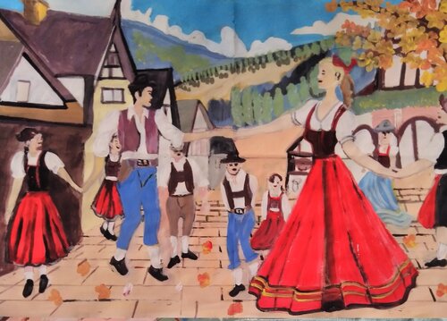 La Danza en la Plaza van Ana Bravo, Schilderij te koop op Singulart