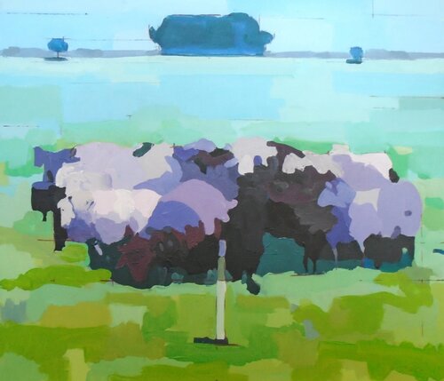 Schafe in Grün und Violett par Tilo Ettl, Peinture en vente sur Singulart
