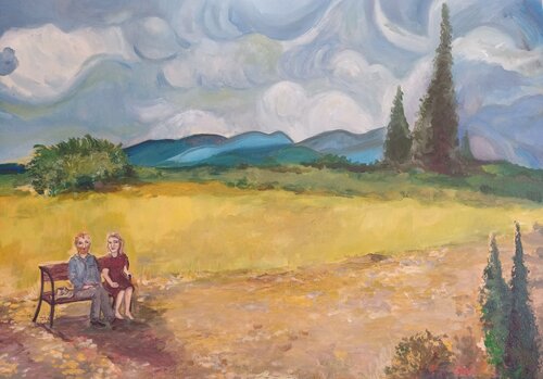 Vincent und ich bei den Zypressen by Birgit van der Gang, Painting for Sale on Singulart