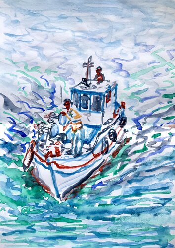 The return of the fishermen van Alejandro Mariotti, Werk op papier te koop op Singulart