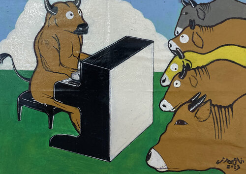 Playing the Piano to Cows von JIANG LI, Malerei kaufen auf Singulart