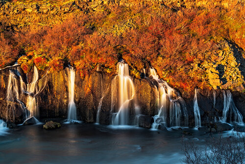Hraunfossar Waterfall at Sunset in Autumn Season, Iceland par Luigi Morbidelli, Photographie en vente sur Singulart