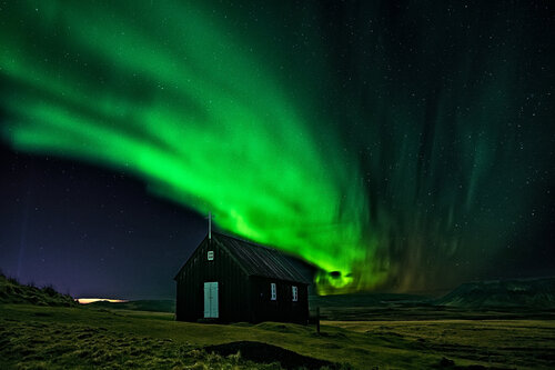 Northern Lights in Krýsuvíkurkirkja Church, Iceland by Luigi Morbidelli, Photography for Sale on Singulart