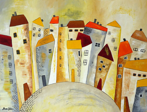 Altstadt gelb grau par Marion Dahmen, Peinture en vente sur Singulart