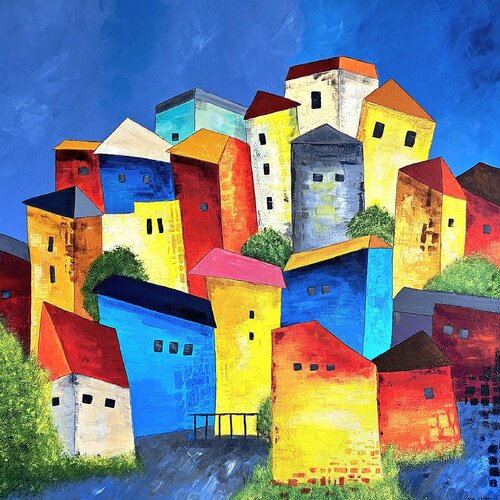 Buntes Dorf by Marion Dahmen, Painting for Sale on Singulart