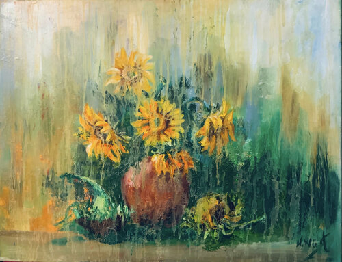 Sunflowers in rain de Natalia Wüst, Pintura a la venta en Singulart
