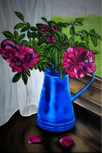 Rosehip Blossom by the Window di Marija Venclova, Pittura in vendita su Singulart