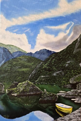 Boat on the Mountain Lake di Marija Venclova, Pittura in vendita su Singulart