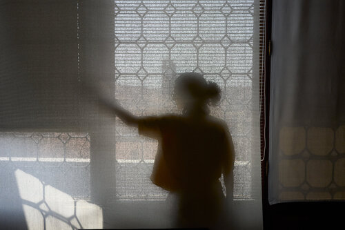 Silhouette Behind Venetian Curtain Sigitas Baltramaitis