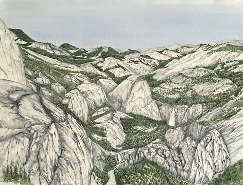 Yosemite landscape of Nevada and Vernal Falls von John Hazel, Malerei kaufen auf Singulart