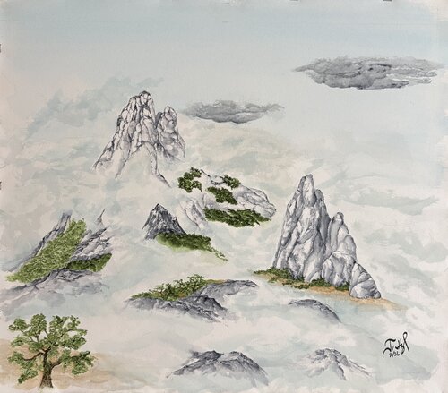 Floating in the mist van John Hazel, Werk op papier te koop op Singulart