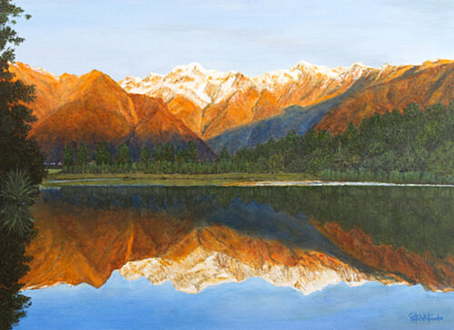 The Mirror Lake At Sunset di Peter Whitcombe, Pittura in vendita su Singulart