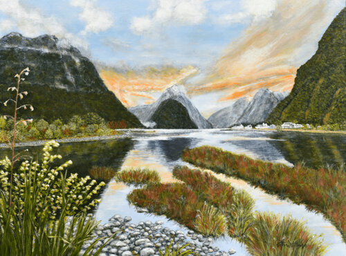 Sunset at Milford Sounds di Peter Whitcombe, Pittura in vendita su Singulart