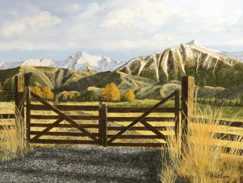 High Country Farm and Gate di Peter Whitcombe, Pittura in vendita su Singulart