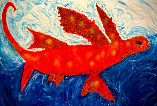 ‘’Multi Fish’’ - A Primordial Creature on a Journey Through Time di Peer The New Dutch Painter, Pittura in vendita su Singulart