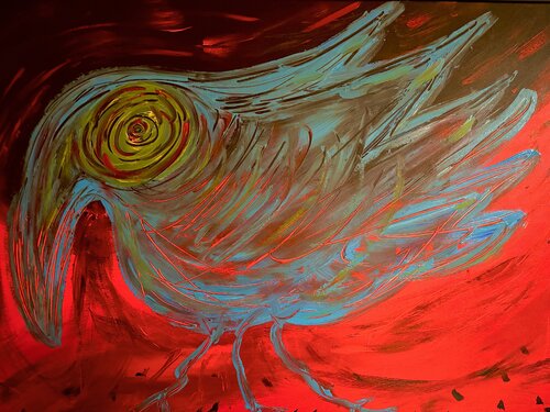 ''Giant Bird of the Primordial Horizon'' - A fearless creature from the early breath of life van Peer The New Dutch Painter, Schilderij te koop op Singulart