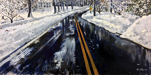 Snowy Street in Connecticut di Mark LaRiviere, Pittura in vendita su Singulart
