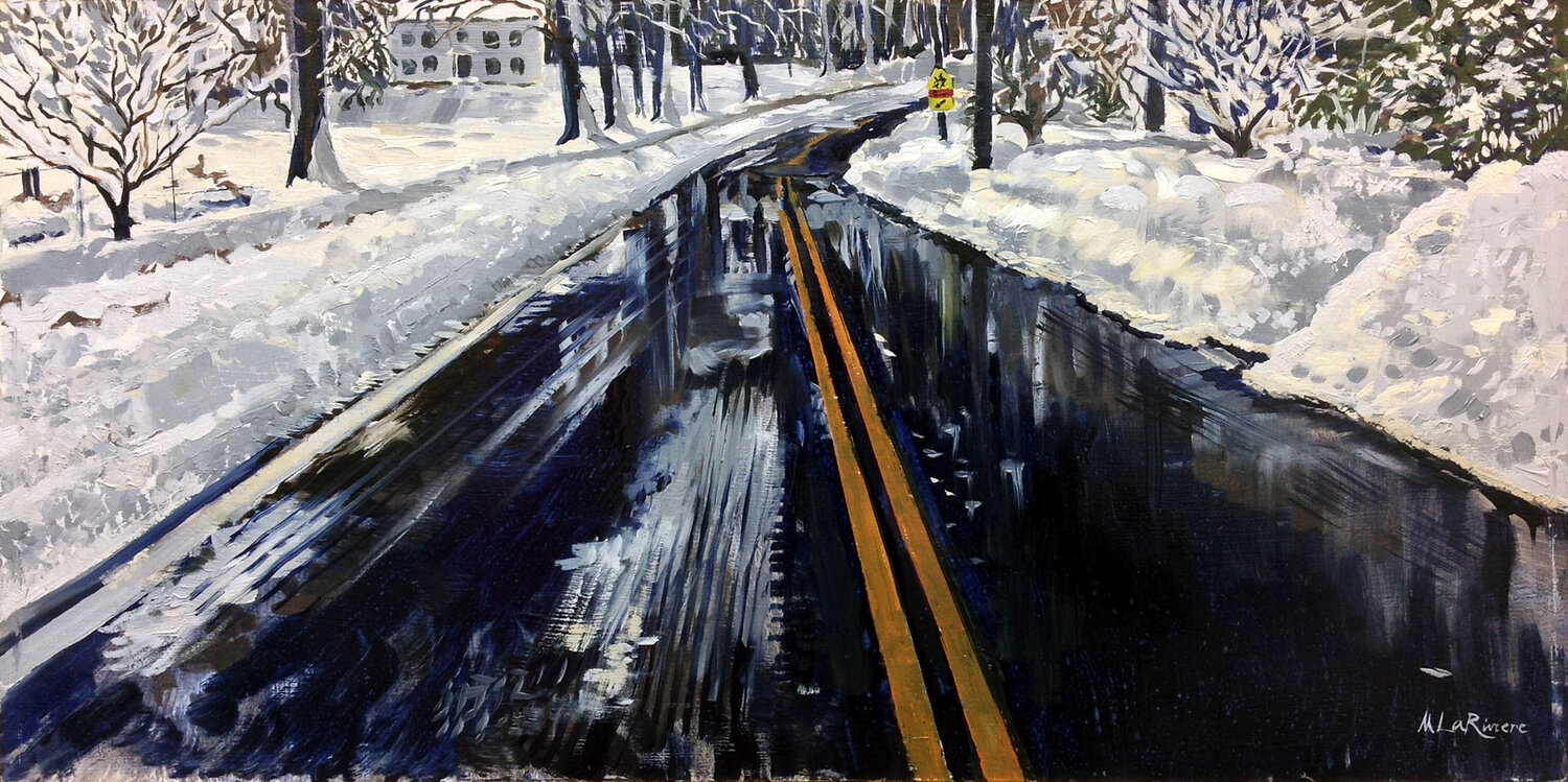 Snowy Street in Connecticut Mark LaRiviere Originalgemälde zu verkaufen