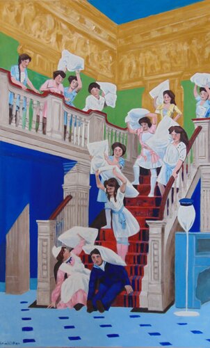 The Maids, pillow-fight by michael aitken, Painting for Sale on Singulart