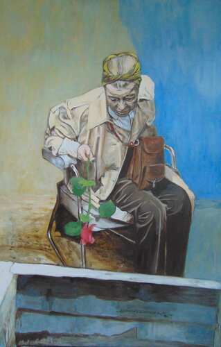 Simone de Beauvoir sitting beside Sartres tomb by michael aitken, 絵画 for Sale on Singulart