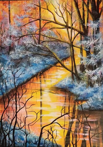 Leuchtender Winterabend im Wald di Mila Müller, Pittura in vendita su Singulart