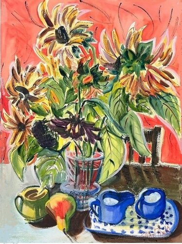 Sunflowers with Fiesta Ware and Tea von Alix Hallman Travis, Werk auf Papier kaufen auf Singulart