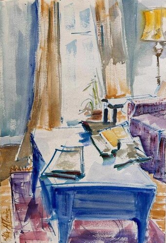 Blue Coffee Table Interior von Alix Hallman Travis, Malerei kaufen auf Singulart