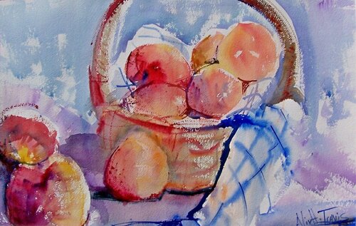 Fresh Peaches with Basket and Dish Cloth de Alix Hallman Travis, Pintura a la venta en Singulart
