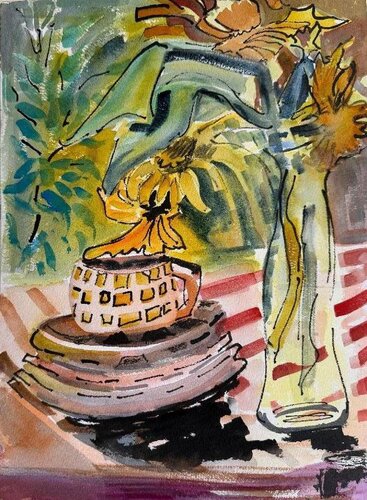 Yellow Flower and Cup with Squares par Alix Hallman Travis, Peinture en vente sur Singulart