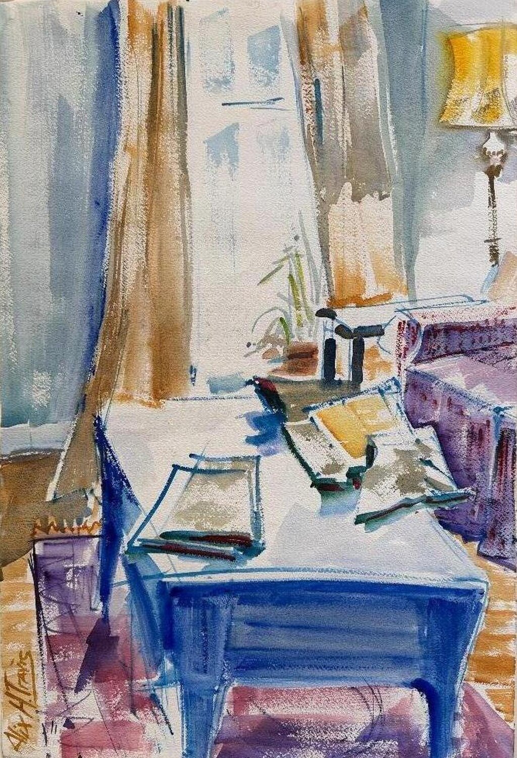 Blue Coffee Table Interior Alix Hallman Travis Original painting for sale