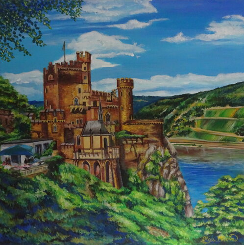 Rheinstein Castle – between sky and Rhine van Olga Milova, Schilderij te koop op Singulart