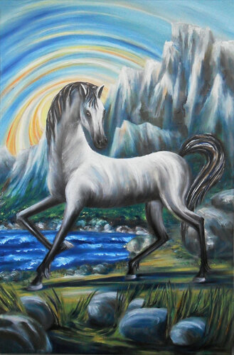 The White Horse near the Mountain Flow van Olga Milova, Schilderij te koop op Singulart