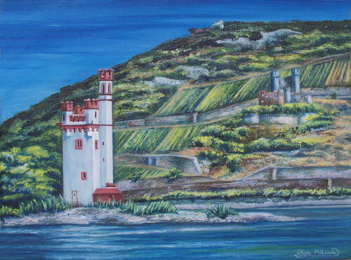 Mouse Tower of Bingen - Rhine Landscape with Vineyards van Olga Milova, Schilderij te koop op Singulart