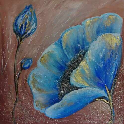 Blue Flower with Luminous Glass Stones di Olga Milova, Pittura in vendita su Singulart