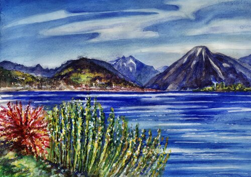 Lake Tegernsee with mountain view in autumn von Olga Milova, Malerei kaufen auf Singulart