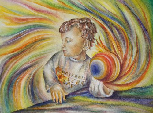 Child with a ball, rainbow in hand von Olga Milova, Malerei kaufen auf Singulart