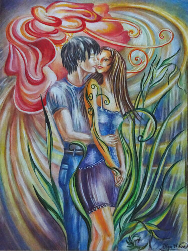 The Magical Kiss in the Color Whirl of Nature van Olga Milova, Schilderij te koop op Singulart